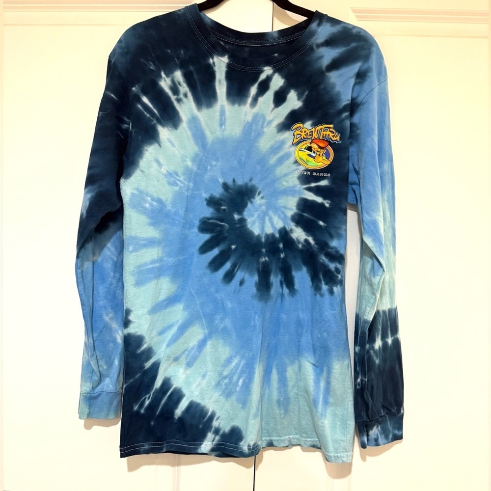 Blue Vintage Tie-Dye Brew Thru Long Sleeve Shirt sz Long Medium Cotton